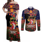 Personalised Roosters Rugby ANZAC Day Couples Matching Off Shoulder Maxi Dress and Long Sleeve Button Shirt Last Post Poppy We Will Remember Them