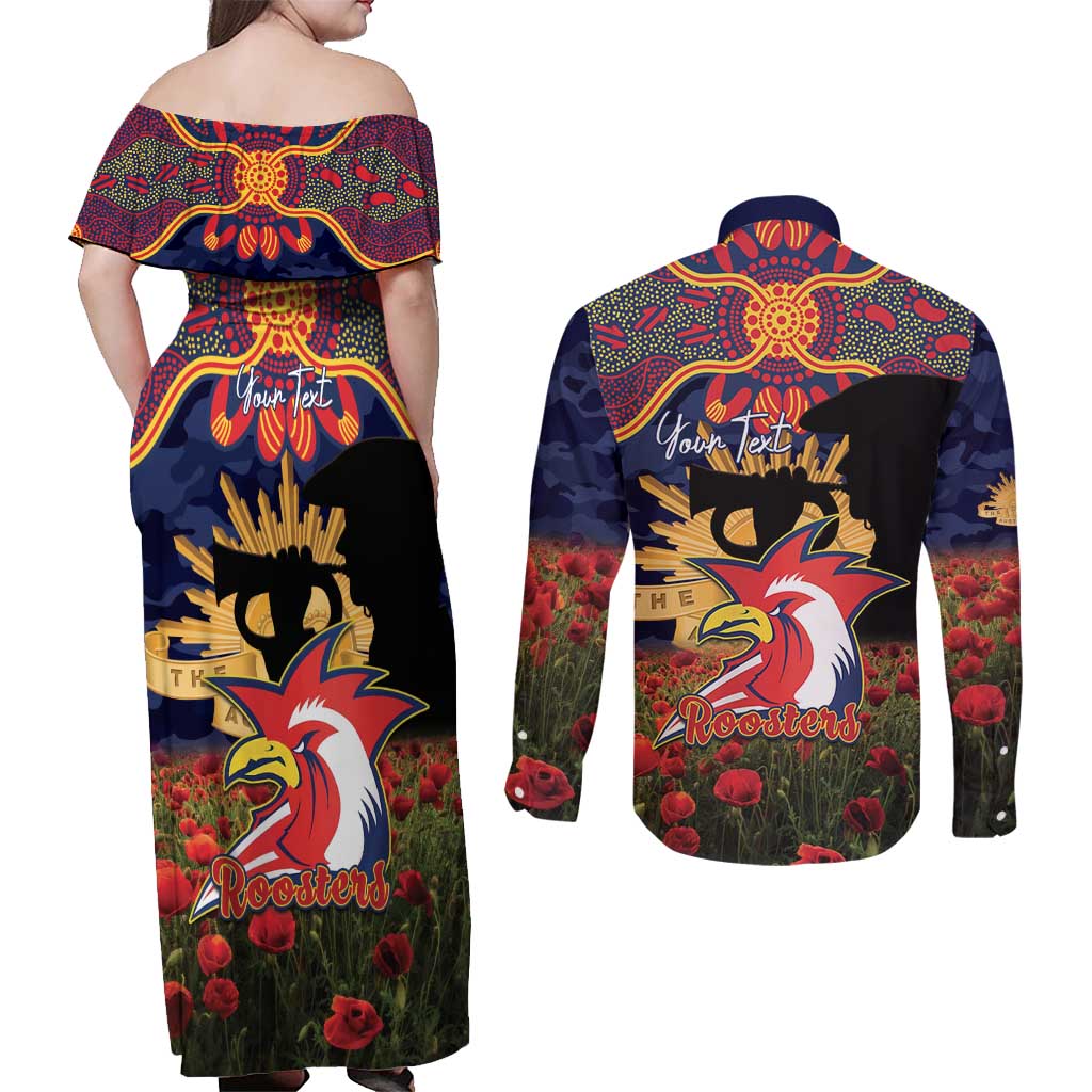 Personalised Roosters Rugby ANZAC Day Couples Matching Off Shoulder Maxi Dress and Long Sleeve Button Shirt Last Post Poppy We Will Remember Them