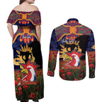 Personalised Roosters Rugby ANZAC Day Couples Matching Off Shoulder Maxi Dress and Long Sleeve Button Shirt Last Post Poppy We Will Remember Them