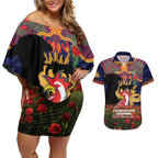 Personalised Roosters Rugby ANZAC Day Couples Matching Off Shoulder Short Dress and Hawaiian Shirt Last Post Poppy We Will Remember Them