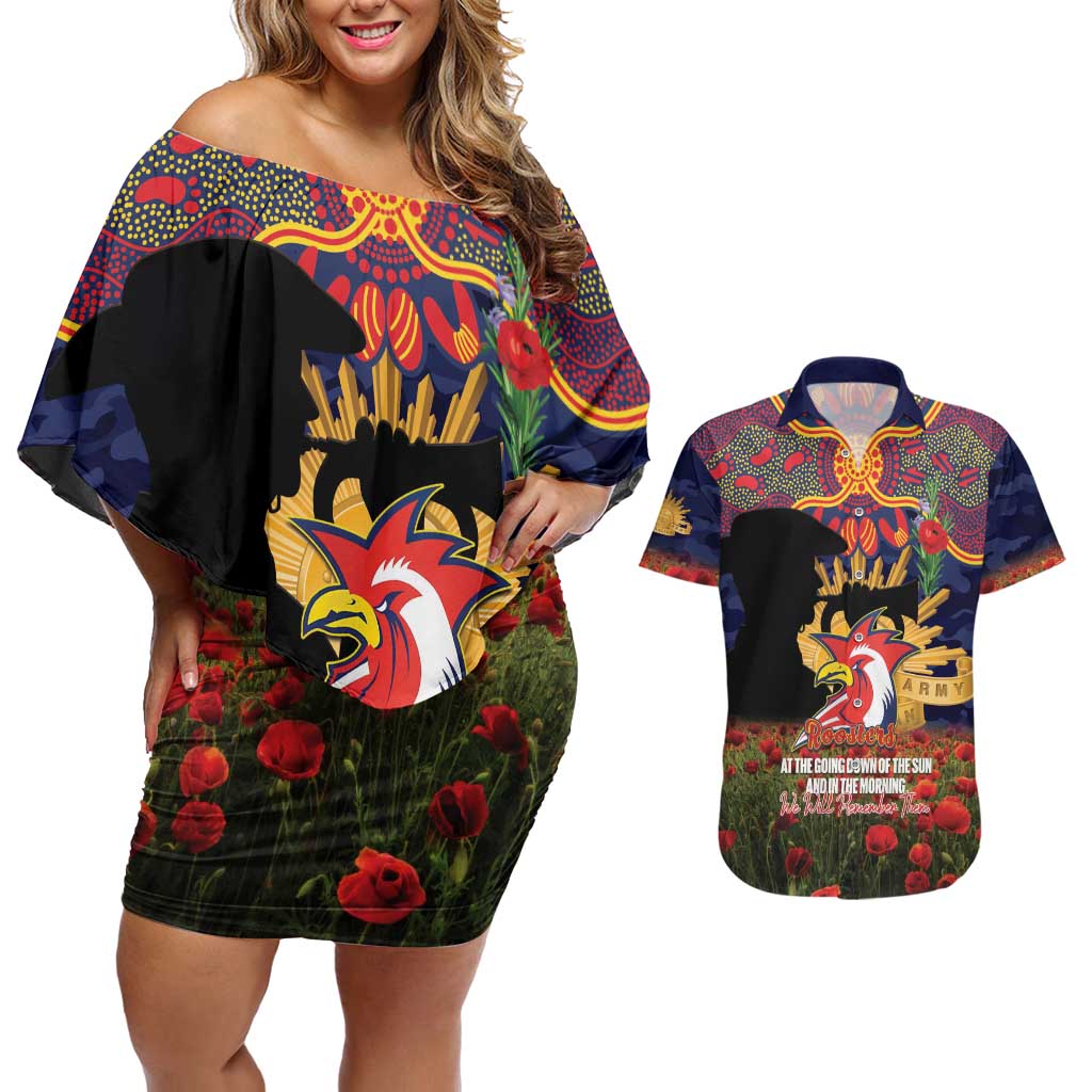 Personalised Roosters Rugby ANZAC Day Couples Matching Off Shoulder Short Dress and Hawaiian Shirt Last Post Poppy We Will Remember Them