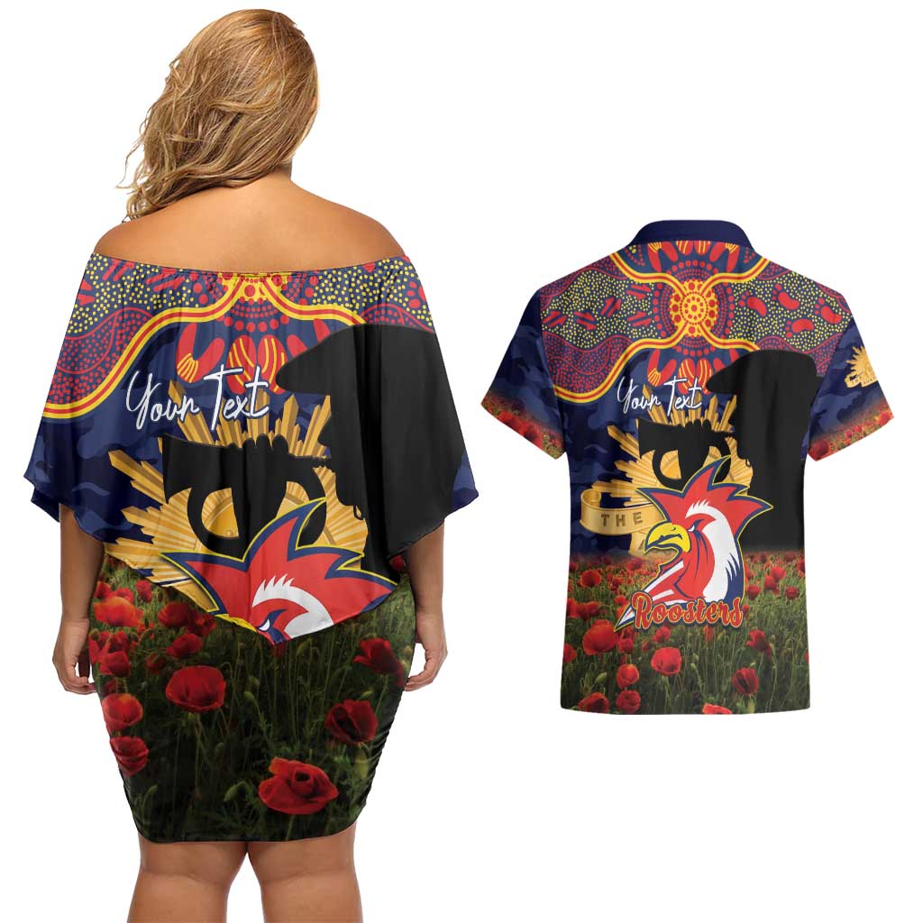 Personalised Roosters Rugby ANZAC Day Couples Matching Off Shoulder Short Dress and Hawaiian Shirt Last Post Poppy We Will Remember Them