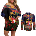 Personalised Roosters Rugby ANZAC Day Couples Matching Off Shoulder Short Dress and Long Sleeve Button Shirt Last Post Poppy We Will Remember Them