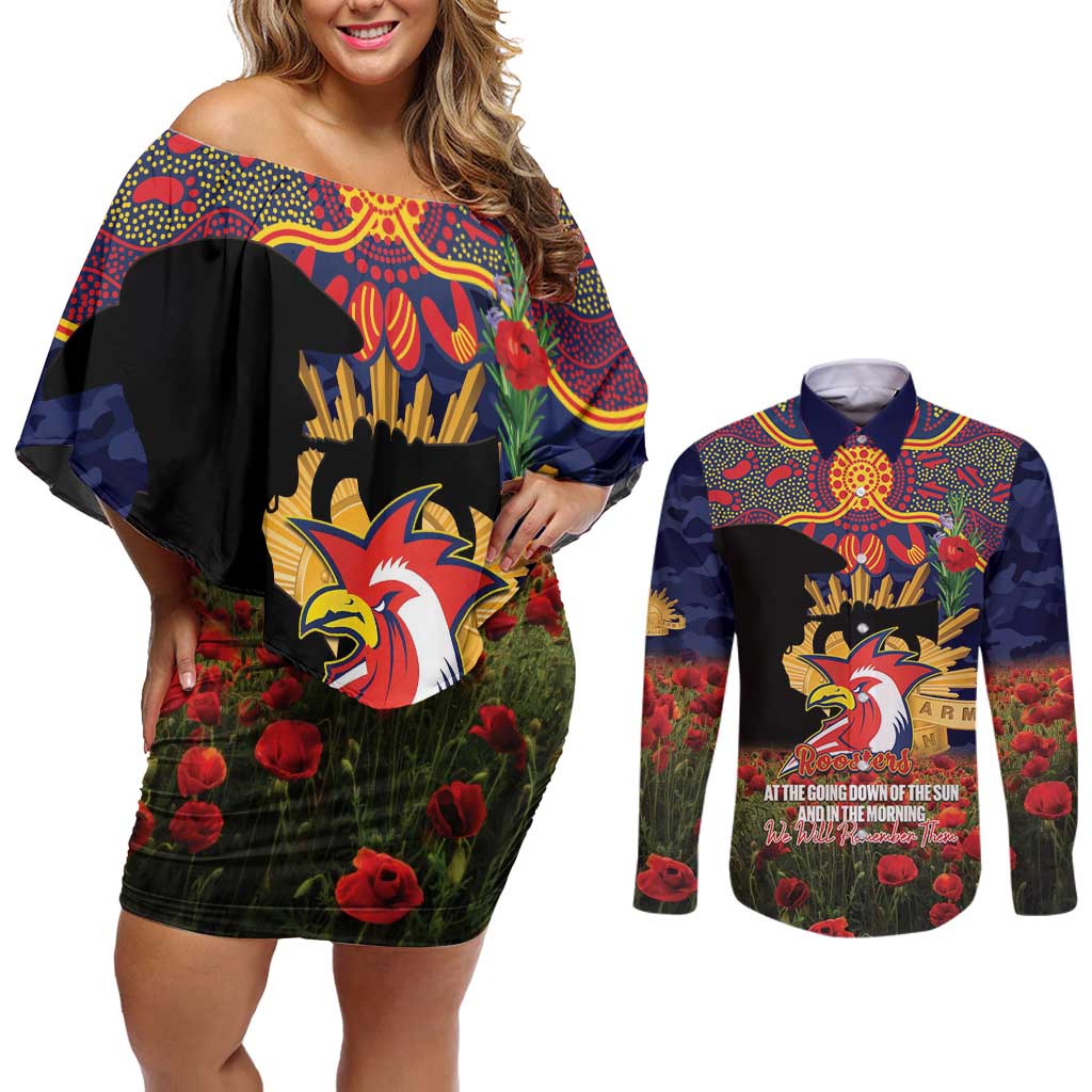 Personalised Roosters Rugby ANZAC Day Couples Matching Off Shoulder Short Dress and Long Sleeve Button Shirt Last Post Poppy We Will Remember Them