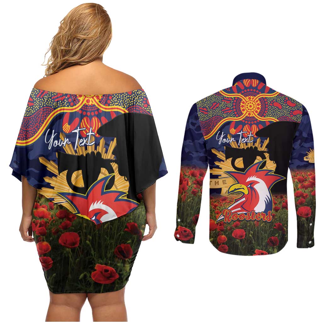 Personalised Roosters Rugby ANZAC Day Couples Matching Off Shoulder Short Dress and Long Sleeve Button Shirt Last Post Poppy We Will Remember Them