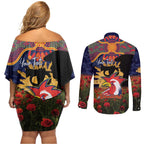 Personalised Roosters Rugby ANZAC Day Couples Matching Off Shoulder Short Dress and Long Sleeve Button Shirt Last Post Poppy We Will Remember Them