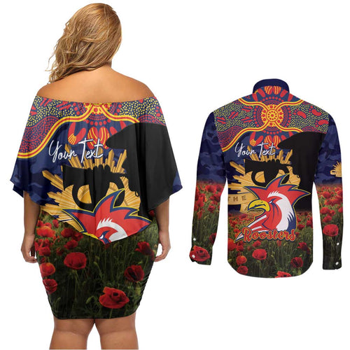 Personalised Roosters Rugby ANZAC Day Couples Matching Off Shoulder Short Dress and Long Sleeve Button Shirt Last Post Poppy We Will Remember Them