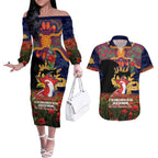 Personalised Roosters Rugby ANZAC Day Couples Matching Off The Shoulder Long Sleeve Dress and Hawaiian Shirt Last Post Poppy We Will Remember Them