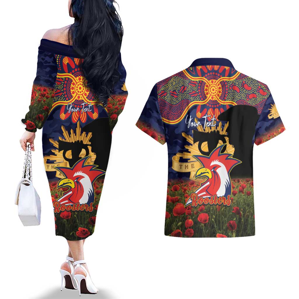 Personalised Roosters Rugby ANZAC Day Couples Matching Off The Shoulder Long Sleeve Dress and Hawaiian Shirt Last Post Poppy We Will Remember Them