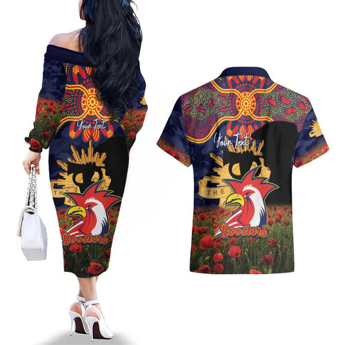 Personalised Roosters Rugby ANZAC Day Couples Matching Off The Shoulder Long Sleeve Dress and Hawaiian Shirt Last Post Poppy We Will Remember Them