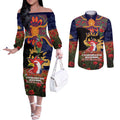Personalised Roosters Rugby ANZAC Day Couples Matching Off The Shoulder Long Sleeve Dress and Long Sleeve Button Shirt Last Post Poppy We Will Remember Them