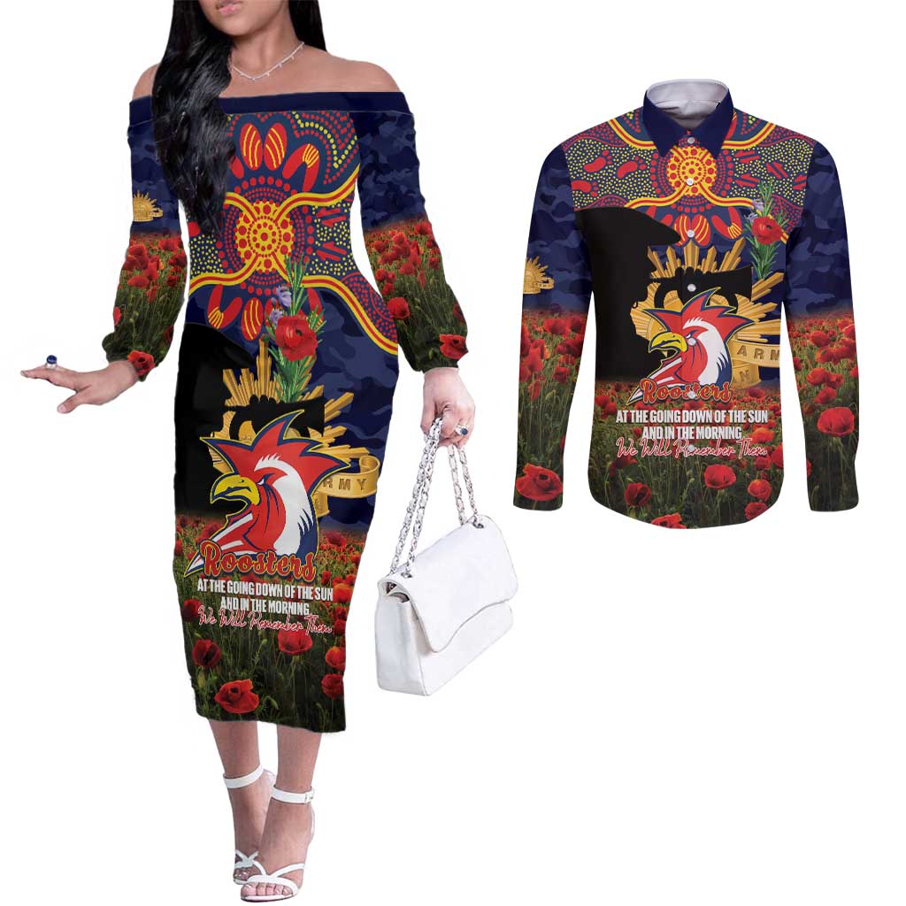 Personalised Roosters Rugby ANZAC Day Couples Matching Off The Shoulder Long Sleeve Dress and Long Sleeve Button Shirt Last Post Poppy We Will Remember Them