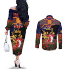Personalised Roosters Rugby ANZAC Day Couples Matching Off The Shoulder Long Sleeve Dress and Long Sleeve Button Shirt Last Post Poppy We Will Remember Them