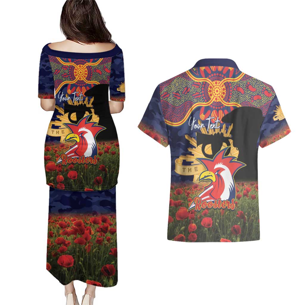 Personalised Roosters Rugby ANZAC Day Couples Matching Puletasi and Hawaiian Shirt Last Post Poppy We Will Remember Them