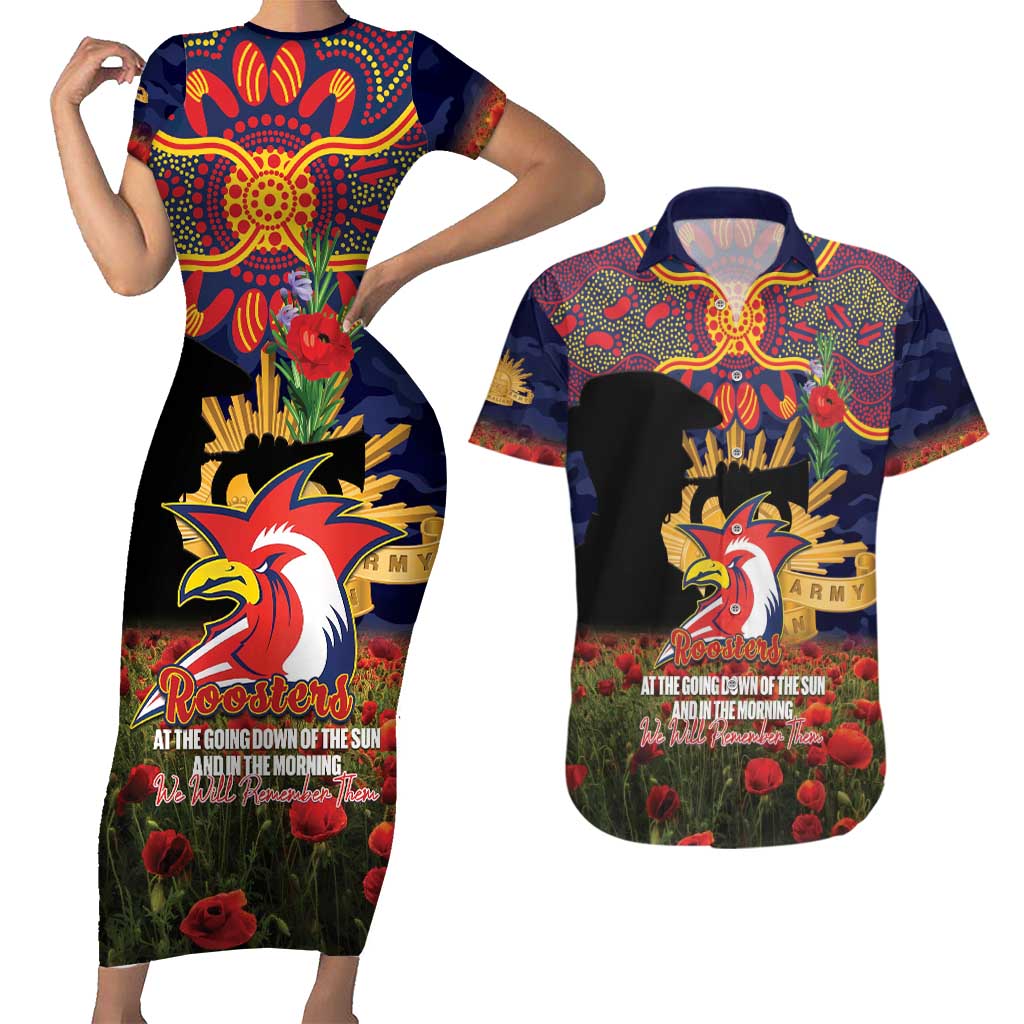 Personalised Roosters Rugby ANZAC Day Couples Matching Short Sleeve Bodycon Dress and Hawaiian Shirt Last Post Poppy We Will Remember Them