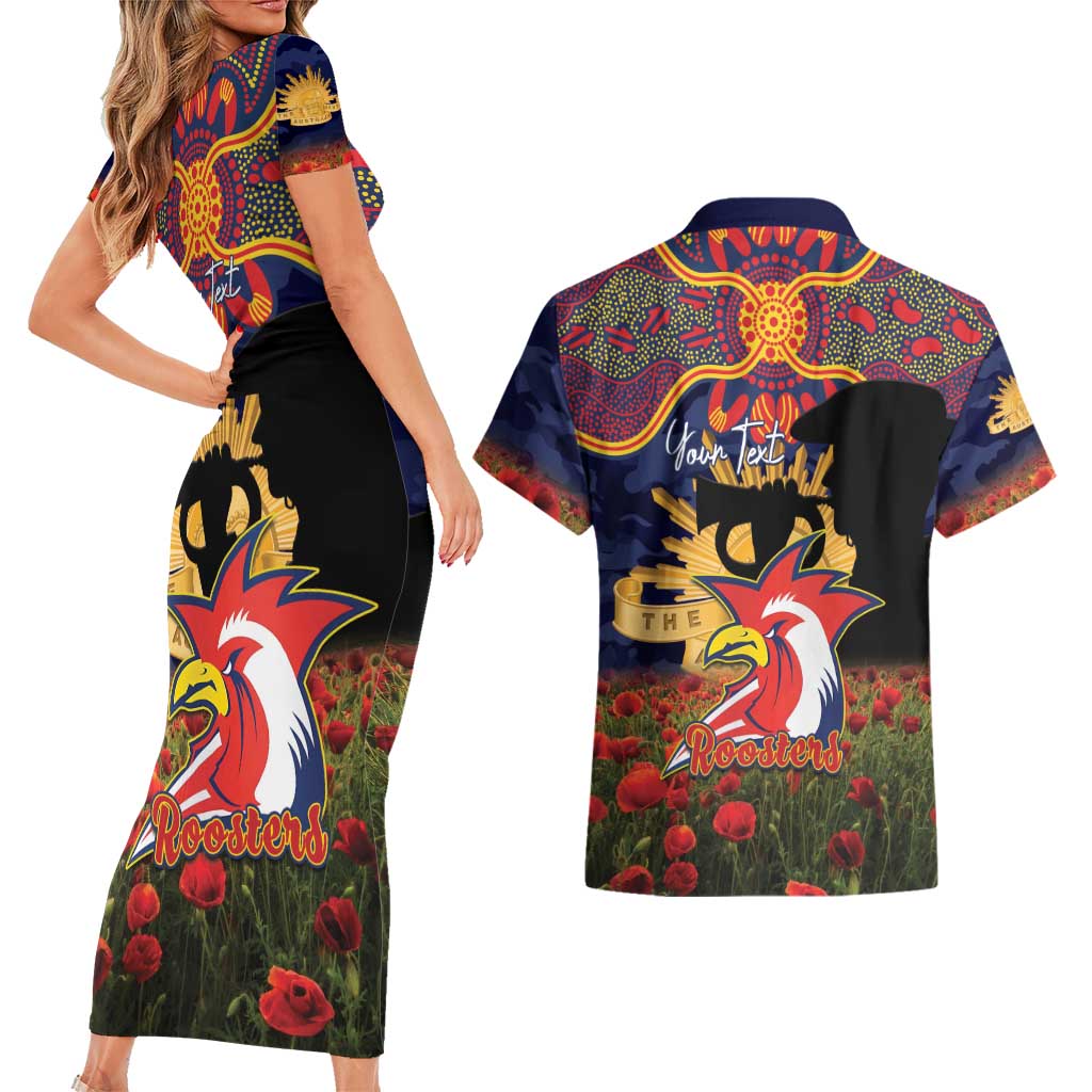 Personalised Roosters Rugby ANZAC Day Couples Matching Short Sleeve Bodycon Dress and Hawaiian Shirt Last Post Poppy We Will Remember Them