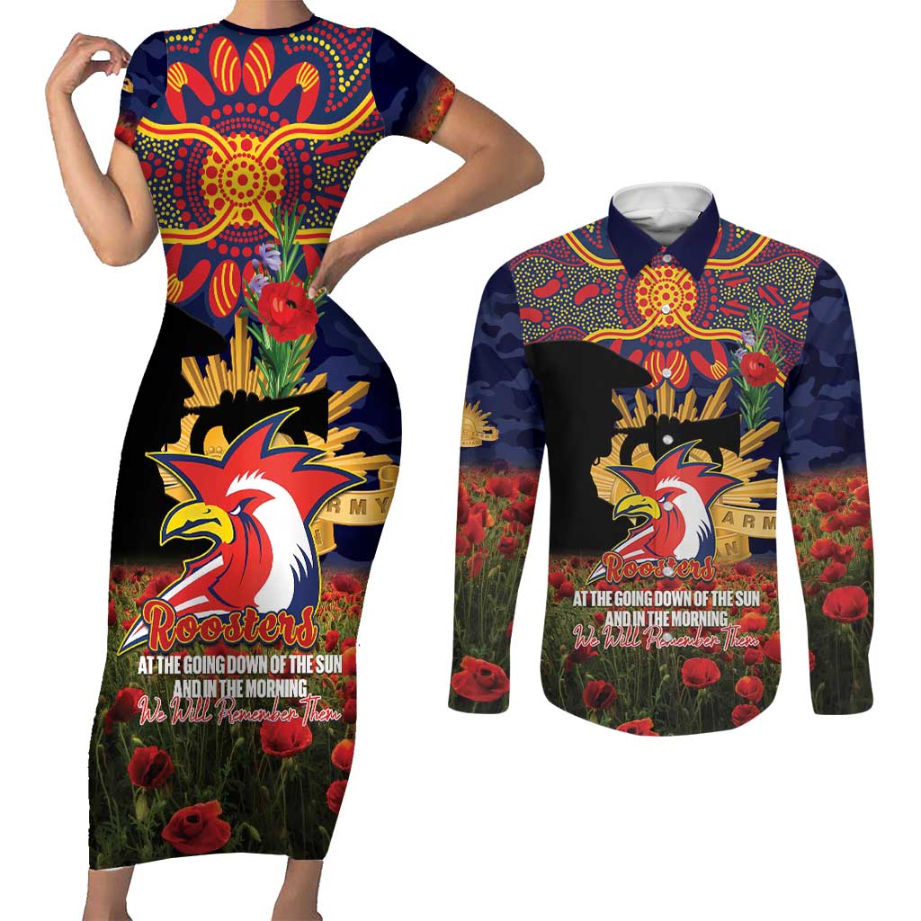 Personalised Roosters Rugby ANZAC Day Couples Matching Short Sleeve Bodycon Dress and Long Sleeve Button Shirt Last Post Poppy We Will Remember Them