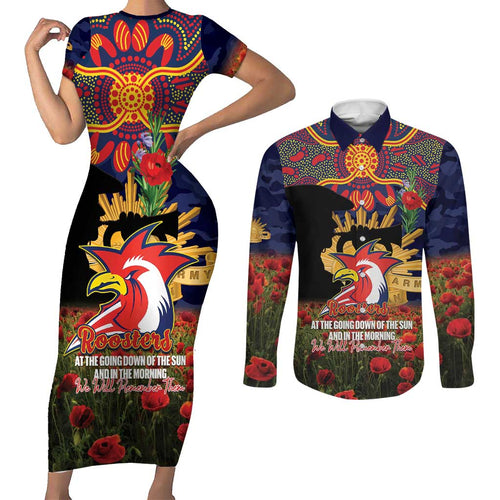 Personalised Roosters Rugby ANZAC Day Couples Matching Short Sleeve Bodycon Dress and Long Sleeve Button Shirt Last Post Poppy We Will Remember Them