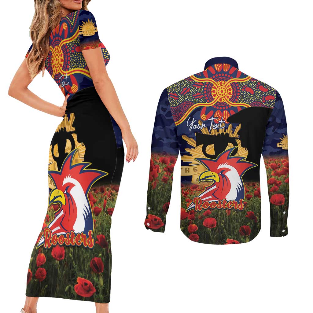 Personalised Roosters Rugby ANZAC Day Couples Matching Short Sleeve Bodycon Dress and Long Sleeve Button Shirt Last Post Poppy We Will Remember Them