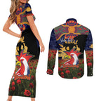 Personalised Roosters Rugby ANZAC Day Couples Matching Short Sleeve Bodycon Dress and Long Sleeve Button Shirt Last Post Poppy We Will Remember Them