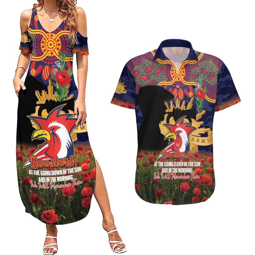Personalised Roosters Rugby ANZAC Day Couples Matching Summer Maxi Dress and Hawaiian Shirt Last Post Poppy We Will Remember Them