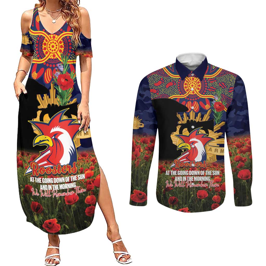 Personalised Roosters Rugby ANZAC Day Couples Matching Summer Maxi Dress and Long Sleeve Button Shirt Last Post Poppy We Will Remember Them