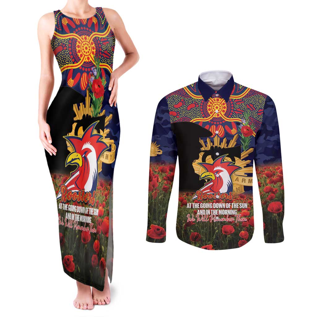 Personalised Roosters Rugby ANZAC Day Couples Matching Tank Maxi Dress and Long Sleeve Button Shirt Last Post Poppy We Will Remember Them