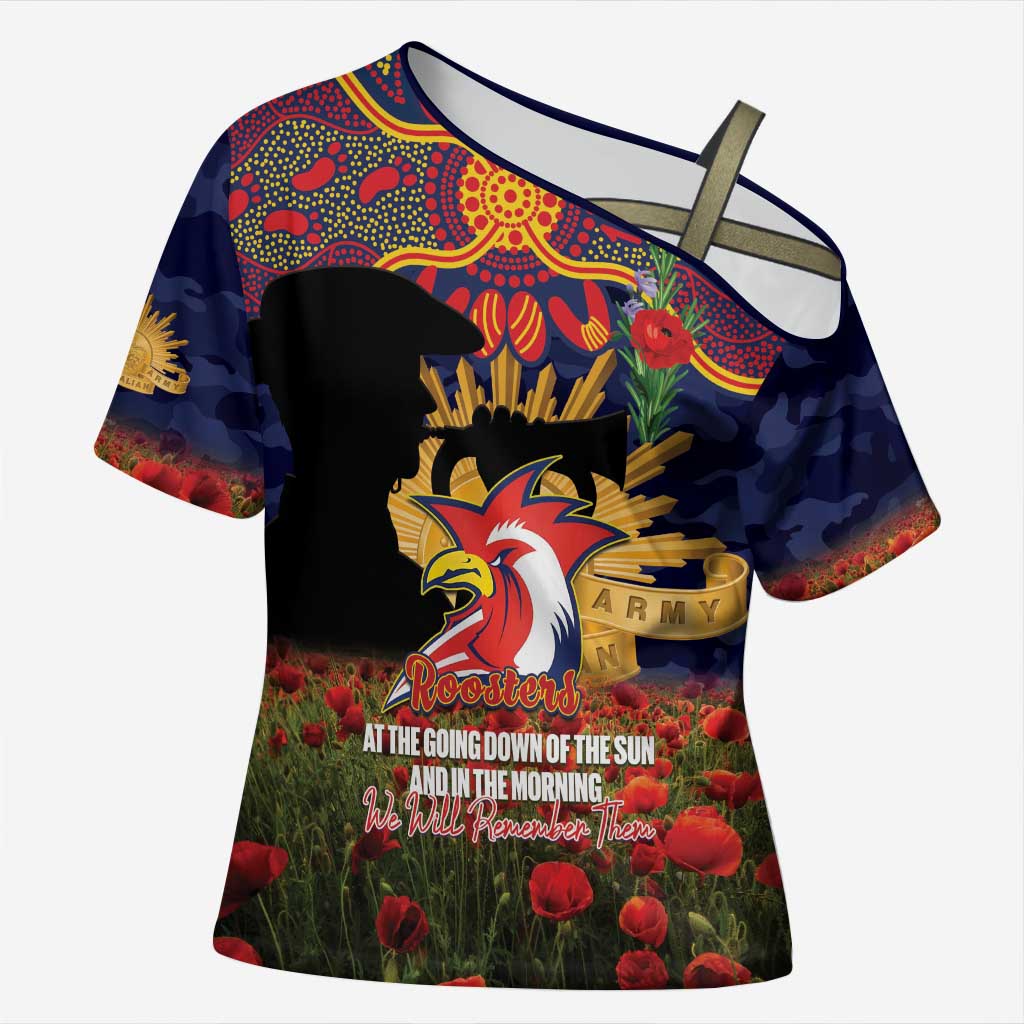Personalised Roosters Rugby ANZAC Day Cross Shoulder Shirt Last Post Poppy We Will Remember Them