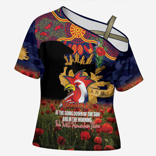 Personalised Roosters Rugby ANZAC Day Cross Shoulder Shirt Last Post Poppy We Will Remember Them