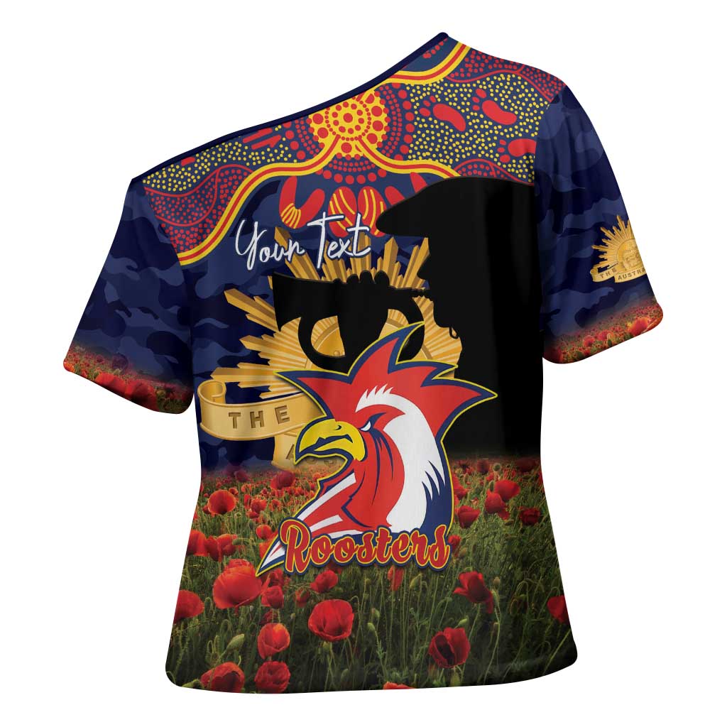 Personalised Roosters Rugby ANZAC Day Cross Shoulder Shirt Last Post Poppy We Will Remember Them