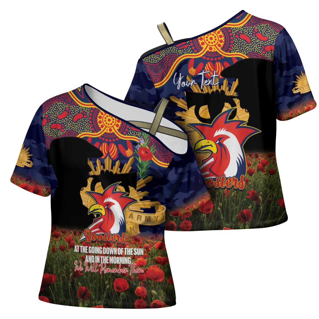 Personalised Roosters Rugby ANZAC Day Cross Shoulder Shirt Last Post Poppy We Will Remember Them