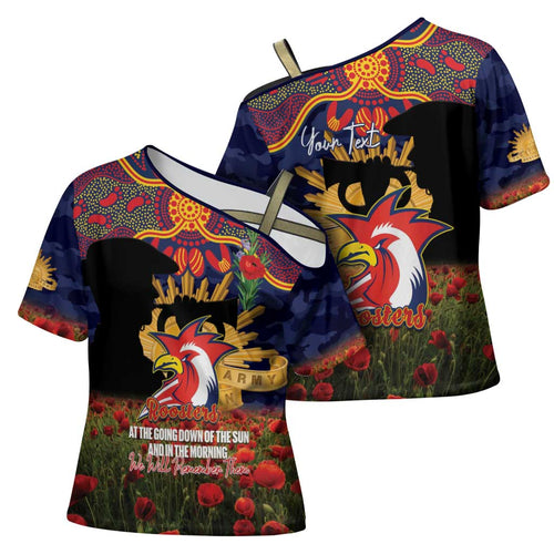 Personalised Roosters Rugby ANZAC Day Cross Shoulder Shirt Last Post Poppy We Will Remember Them