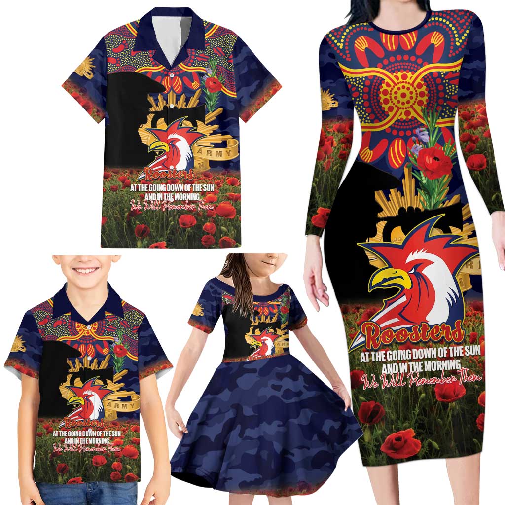 Personalised Roosters Rugby ANZAC Day Family Matching Long Sleeve Bodycon Dress and Hawaiian Shirt Last Post Poppy We Will Remember Them