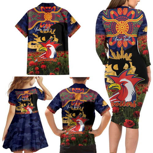 Personalised Roosters Rugby ANZAC Day Family Matching Long Sleeve Bodycon Dress and Hawaiian Shirt Last Post Poppy We Will Remember Them