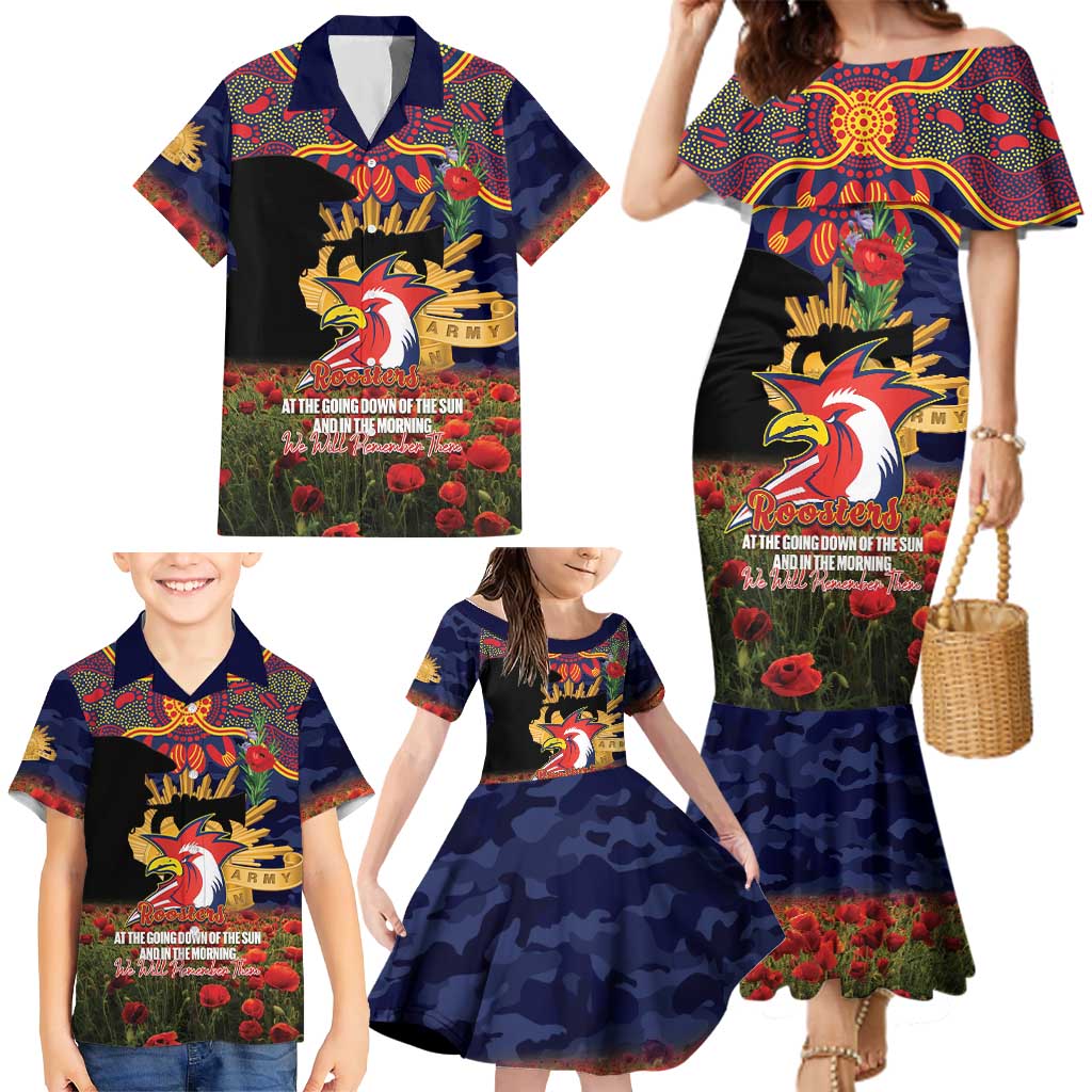 Personalised Roosters Rugby ANZAC Day Family Matching Mermaid Dress and Hawaiian Shirt Last Post Poppy We Will Remember Them