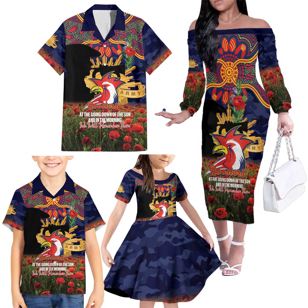 Personalised Roosters Rugby ANZAC Day Family Matching Off The Shoulder Long Sleeve Dress and Hawaiian Shirt Last Post Poppy We Will Remember Them