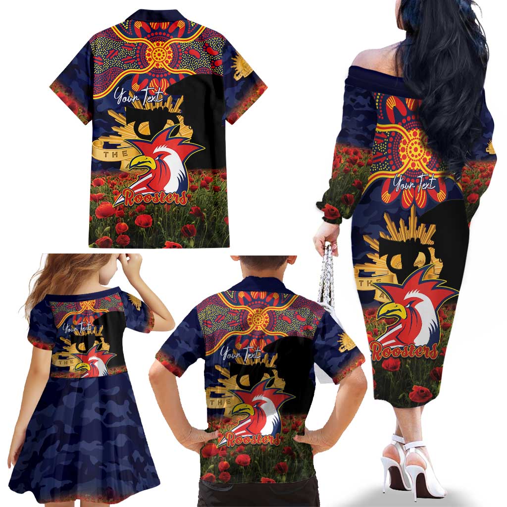 Personalised Roosters Rugby ANZAC Day Family Matching Off The Shoulder Long Sleeve Dress and Hawaiian Shirt Last Post Poppy We Will Remember Them