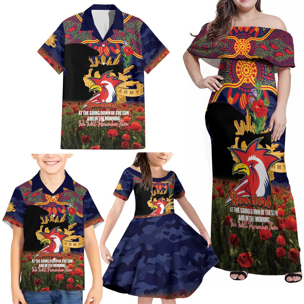 Personalised Roosters Rugby ANZAC Day Family Matching Off Shoulder Maxi Dress and Hawaiian Shirt Last Post Poppy We Will Remember Them