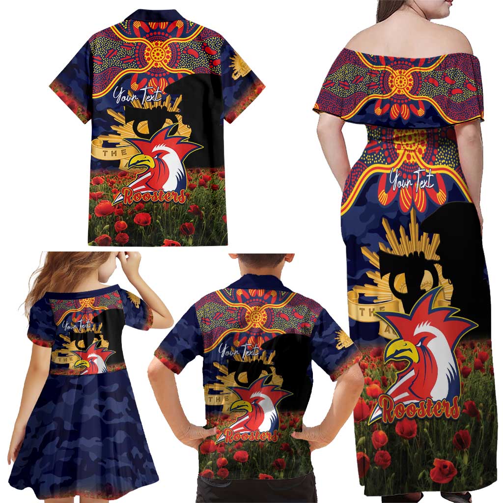 Personalised Roosters Rugby ANZAC Day Family Matching Off Shoulder Maxi Dress and Hawaiian Shirt Last Post Poppy We Will Remember Them