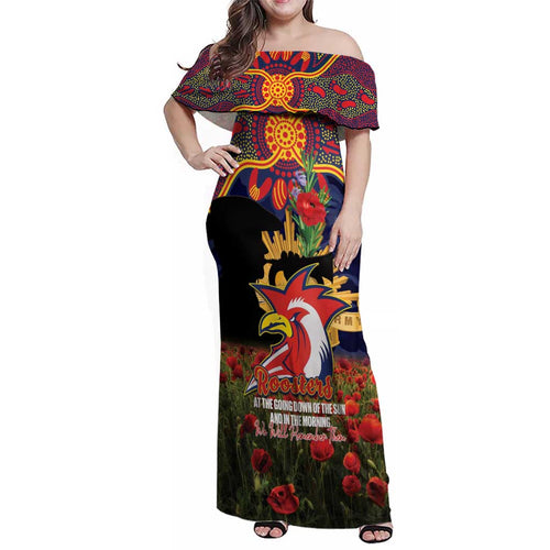 Personalised Roosters Rugby ANZAC Day Family Matching Off Shoulder Maxi Dress and Hawaiian Shirt Last Post Poppy We Will Remember Them