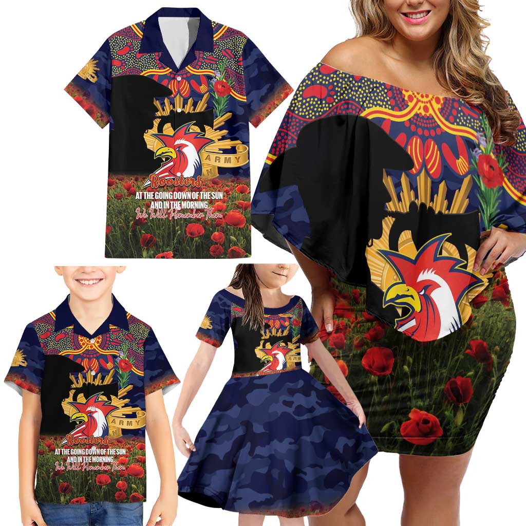 Personalised Roosters Rugby ANZAC Day Family Matching Off Shoulder Short Dress and Hawaiian Shirt Last Post Poppy We Will Remember Them