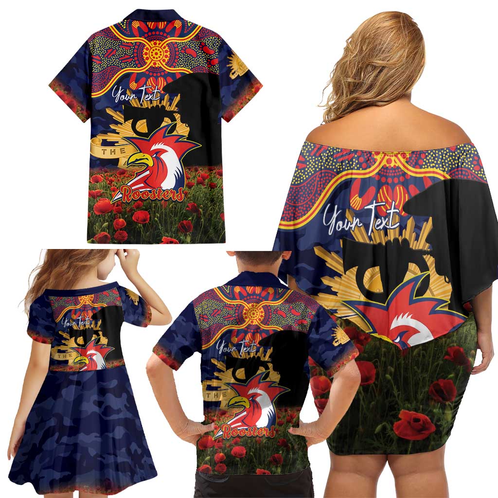 Personalised Roosters Rugby ANZAC Day Family Matching Off Shoulder Short Dress and Hawaiian Shirt Last Post Poppy We Will Remember Them