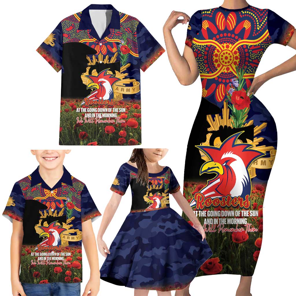 Personalised Roosters Rugby ANZAC Day Family Matching Short Sleeve Bodycon Dress and Hawaiian Shirt Last Post Poppy We Will Remember Them
