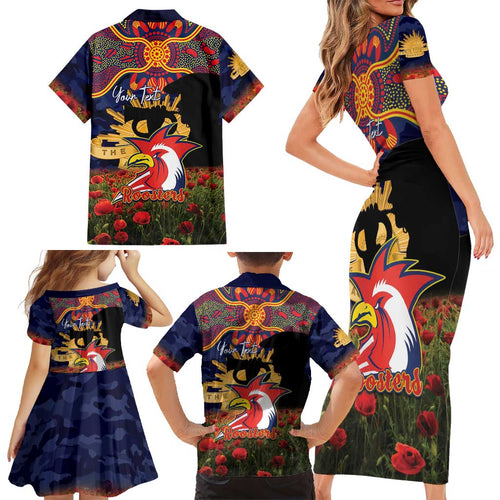 Personalised Roosters Rugby ANZAC Day Family Matching Short Sleeve Bodycon Dress and Hawaiian Shirt Last Post Poppy We Will Remember Them