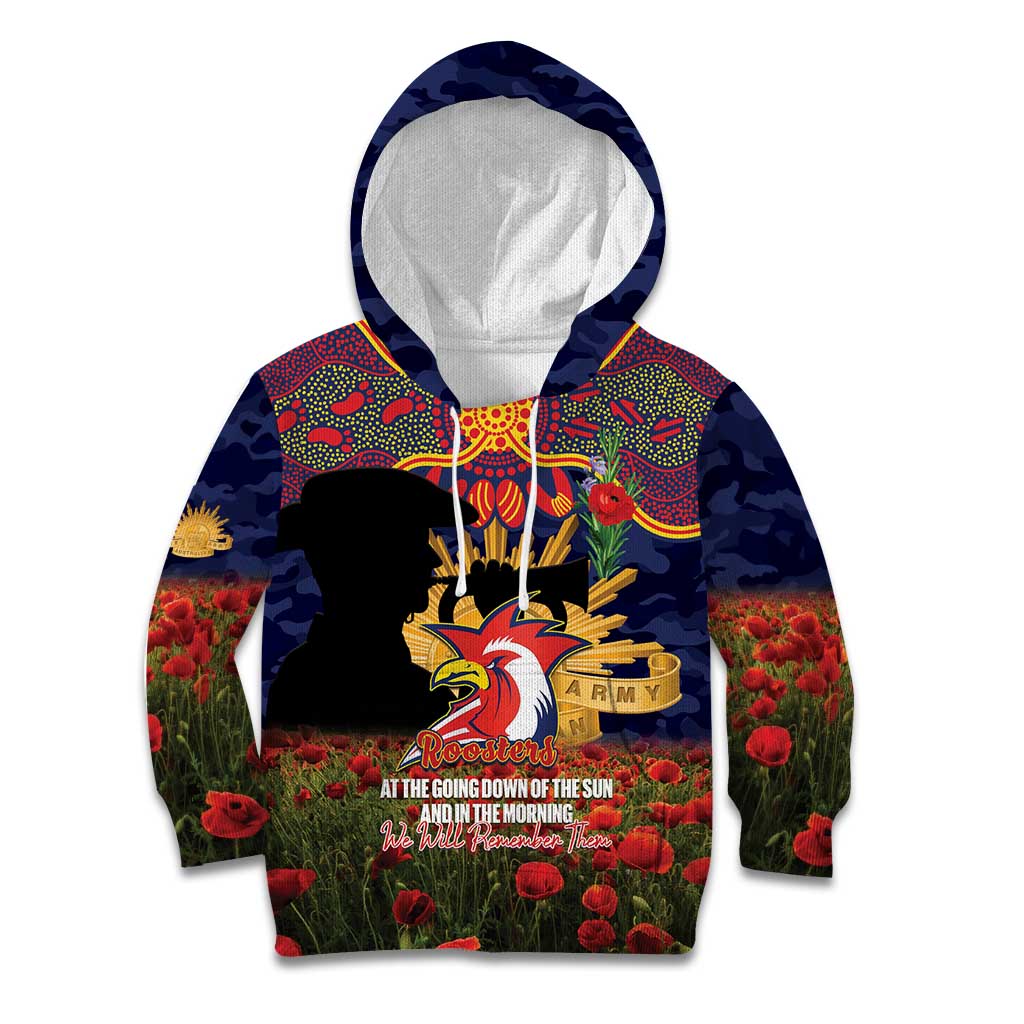 Personalised Roosters Rugby ANZAC Day Kid Hoodie Last Post Poppy We Will Remember Them