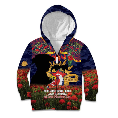 Personalised Roosters Rugby ANZAC Day Kid Hoodie Last Post Poppy We Will Remember Them