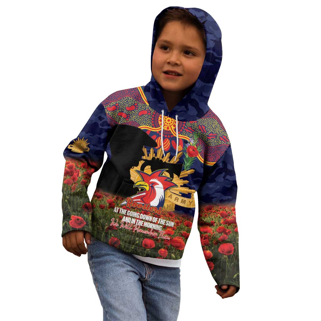 Personalised Roosters Rugby ANZAC Day Kid Hoodie Last Post Poppy We Will Remember Them