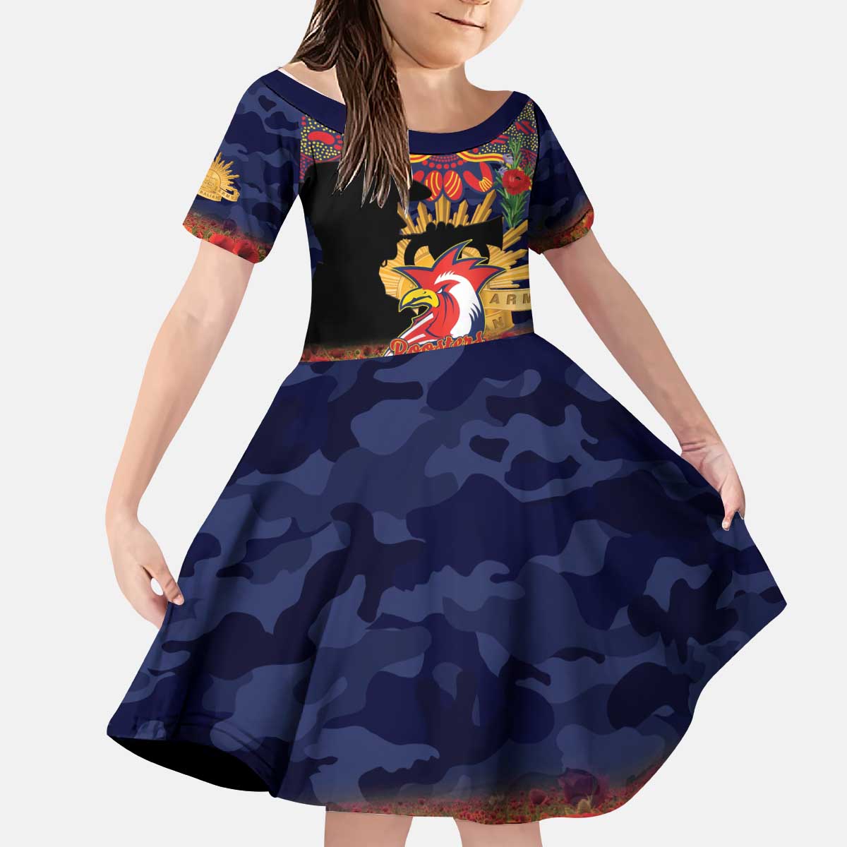 Personalised Roosters Rugby ANZAC Day Kid Short Sleeve Dress Last Post Poppy We Will Remember Them