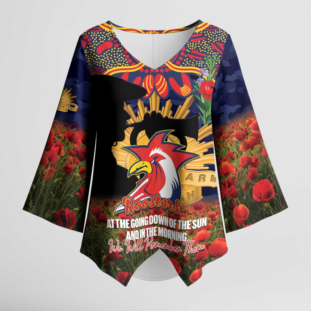 Personalised Roosters Rugby ANZAC Day Kimono Sleeve Blouse Last Post Poppy We Will Remember Them