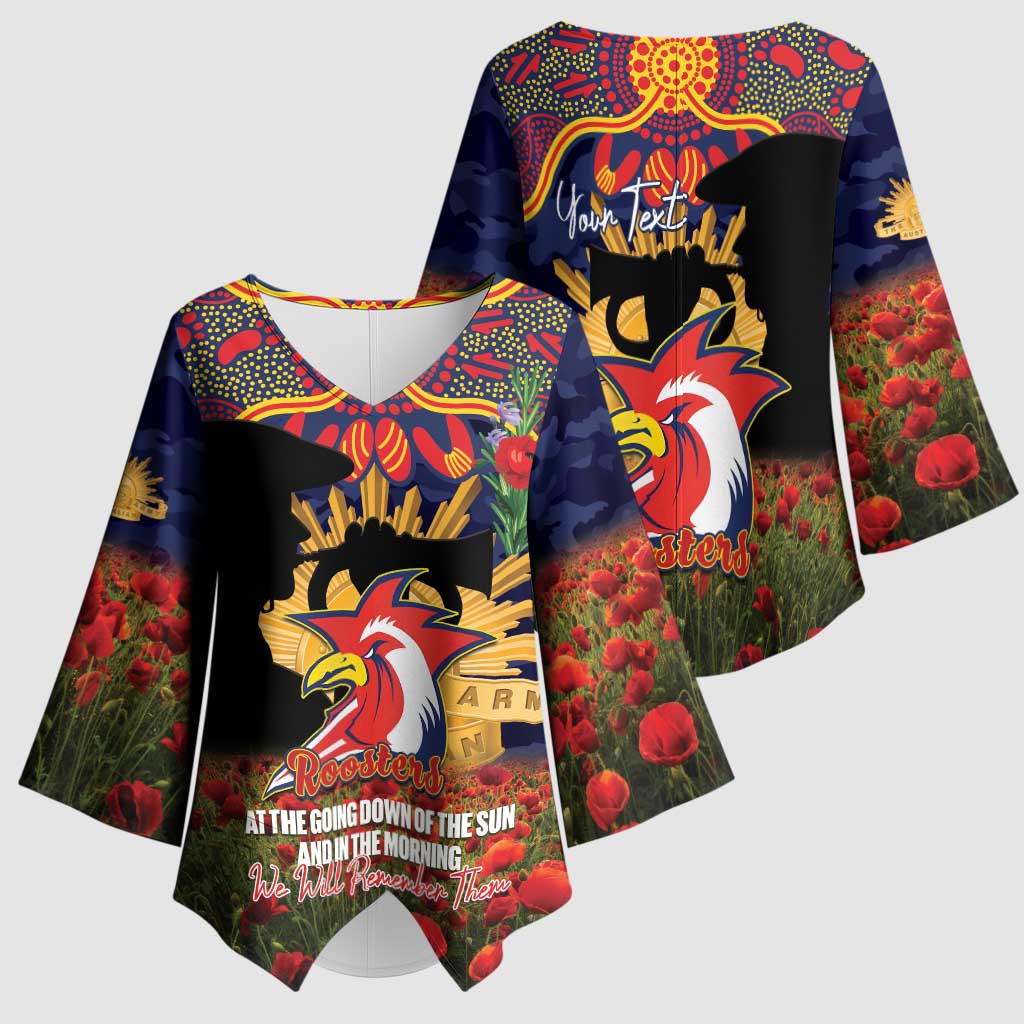 Personalised Roosters Rugby ANZAC Day Kimono Sleeve Blouse Last Post Poppy We Will Remember Them